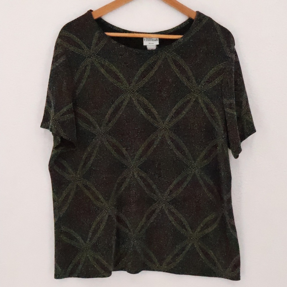 Modern Essentials Metallic Geometric Knit Top Womens XL Black Silver Sparkly